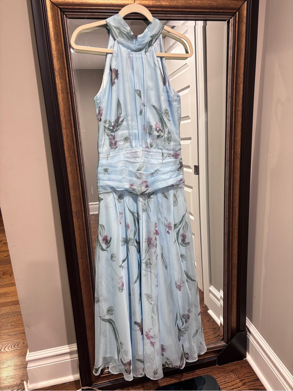 FEHAUTE Women’s US 4 Light Blue Floral Halter Maxi Dress Pleated Formal Wedding